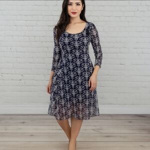 Love Moschino Navy Lace Mesh Flocked Dress Scoop Neck Fit & Flare S